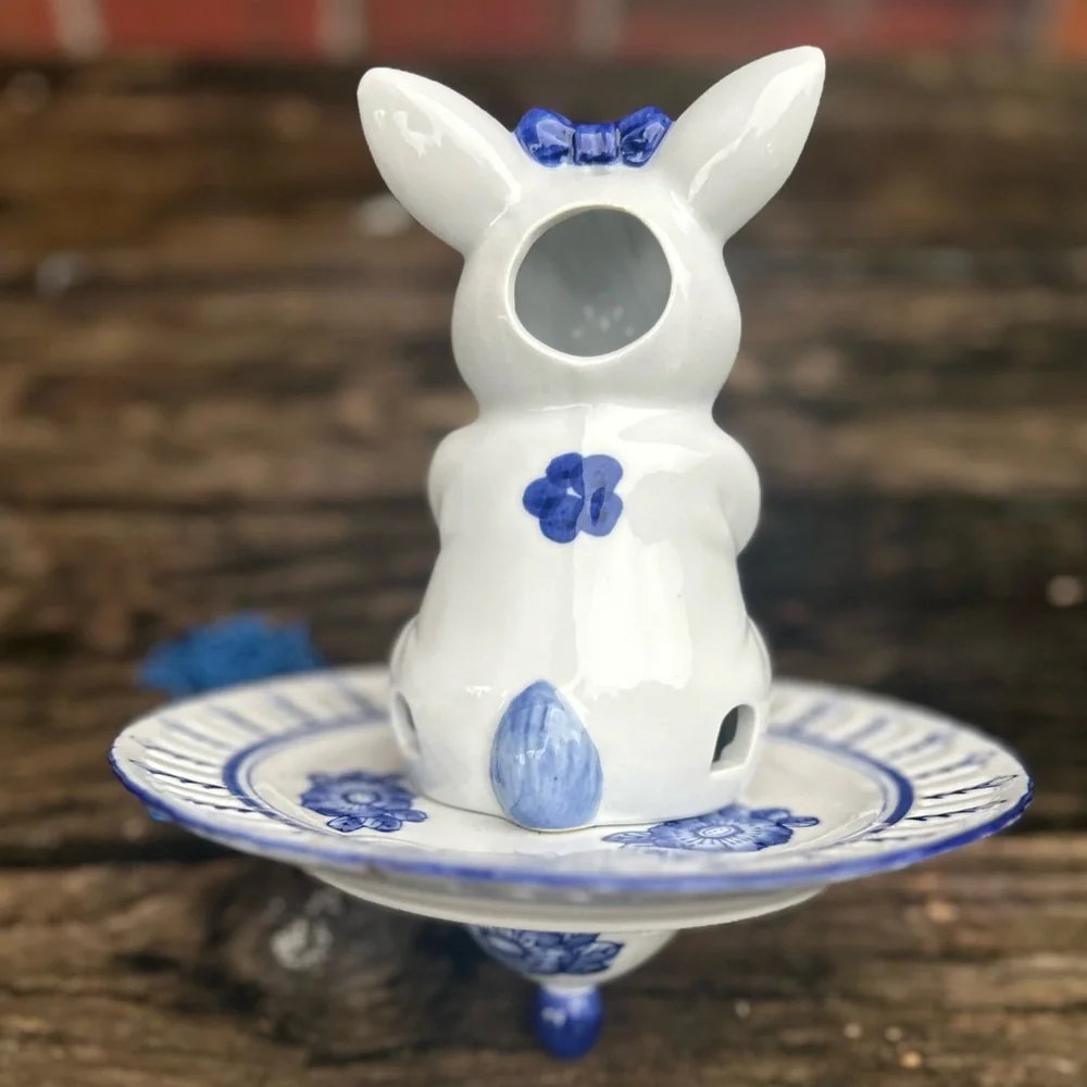 Rare and Unique Blue & White Porcelain Bunny Rabbit Bird Feeder